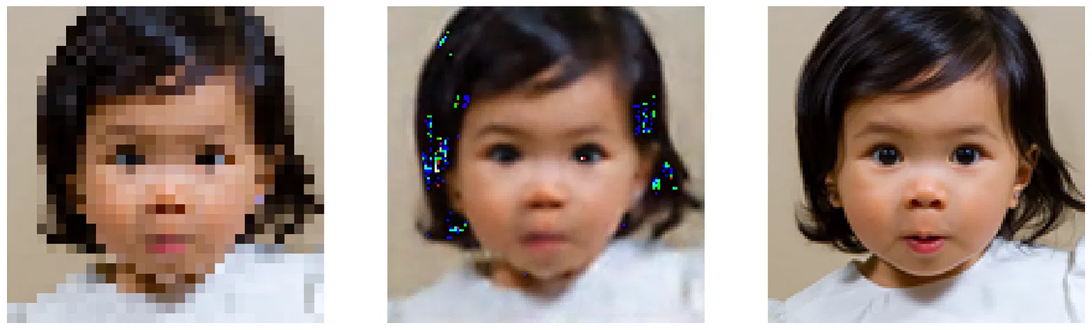 Super-resolution results showing a pixelated input face restored to a sharp output image