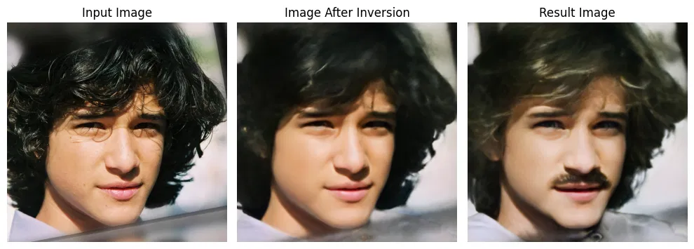 Facial attribute manipulation results showing input, inverted, and edited output faces