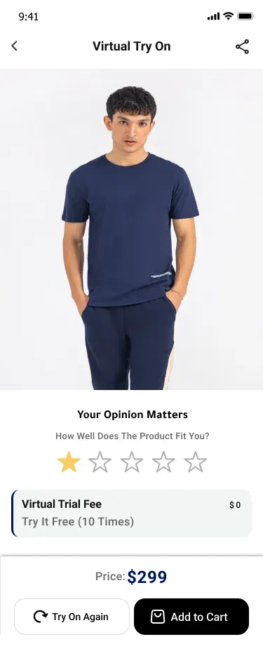 ZAY Marketplace virtual try-on interface showing a generated outfit on a model with a fit-rating prompt
